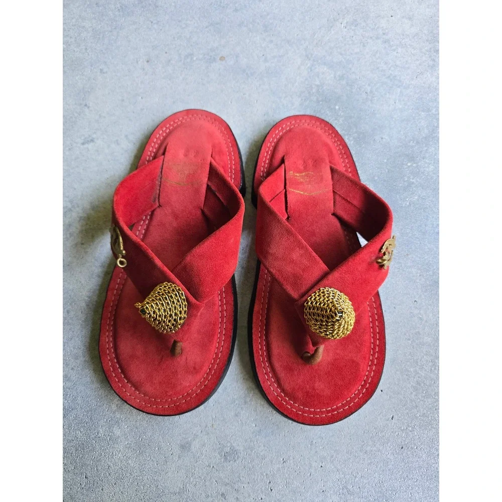 Ahenema Slippers African Royal Thong Sandals Mens Size EU 42 Red Gold Suede